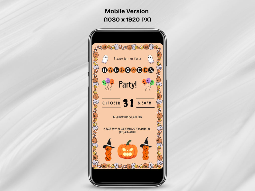 Smartphone displaying a Halloween party invitation on a white background