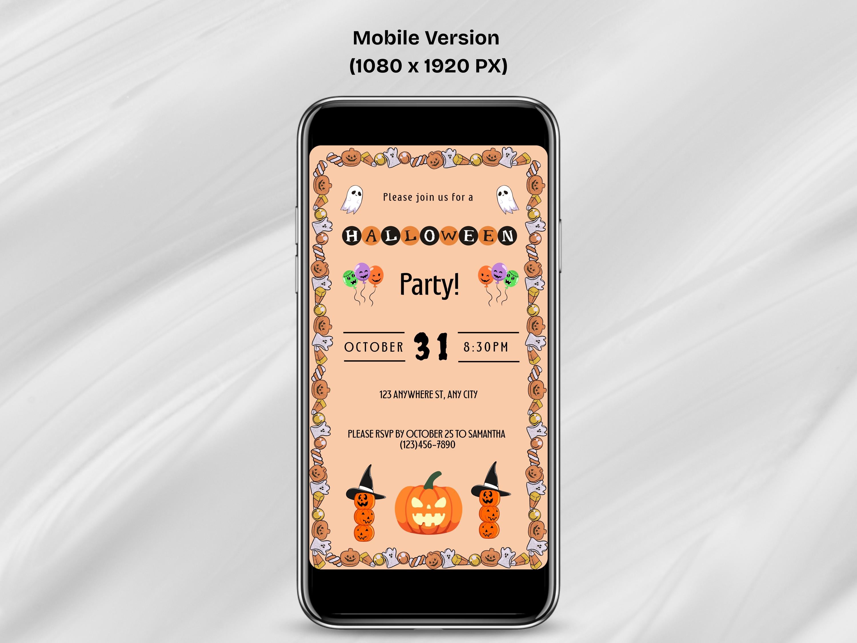 Smartphone displaying a Halloween party invitation on a white background