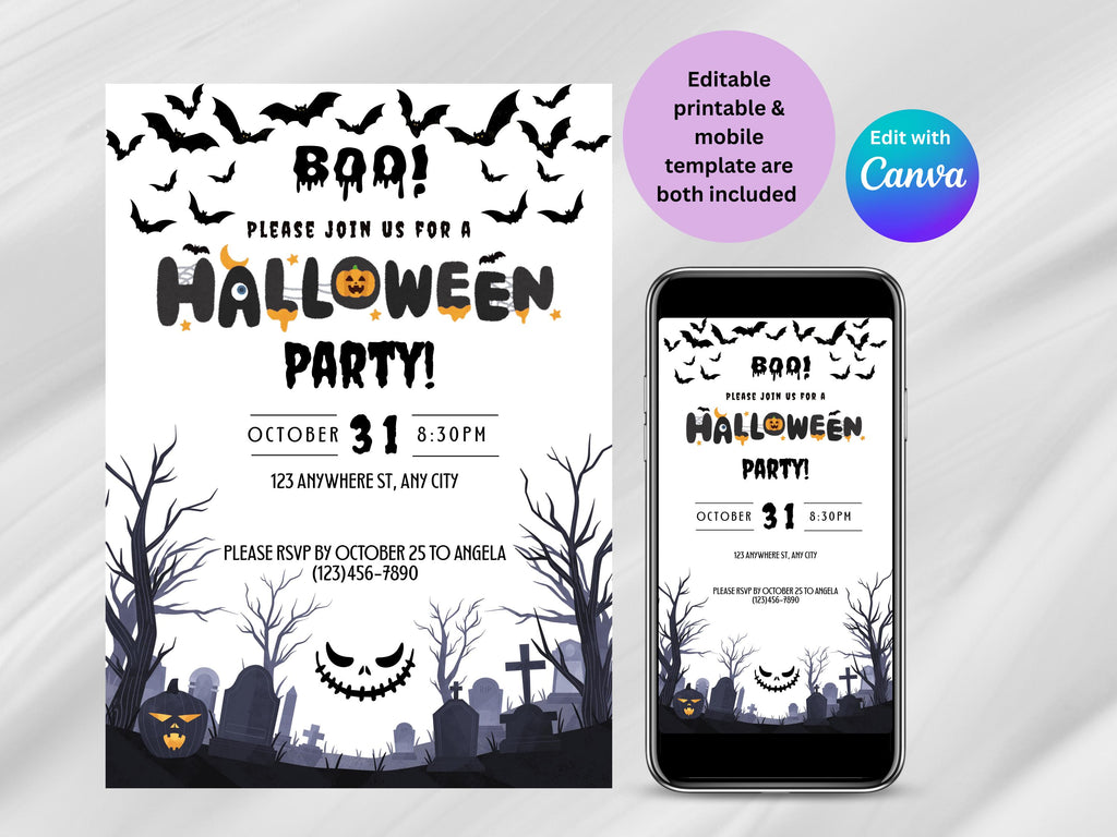 Halloween party invitation with pumpkins, bats, and tombstones on a smartphone and paper.