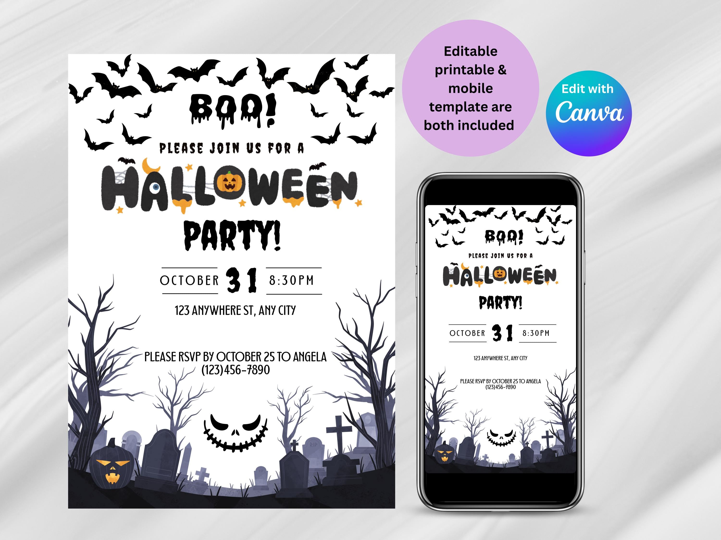 Halloween party invitation with pumpkins, bats, and tombstones on a smartphone and paper.