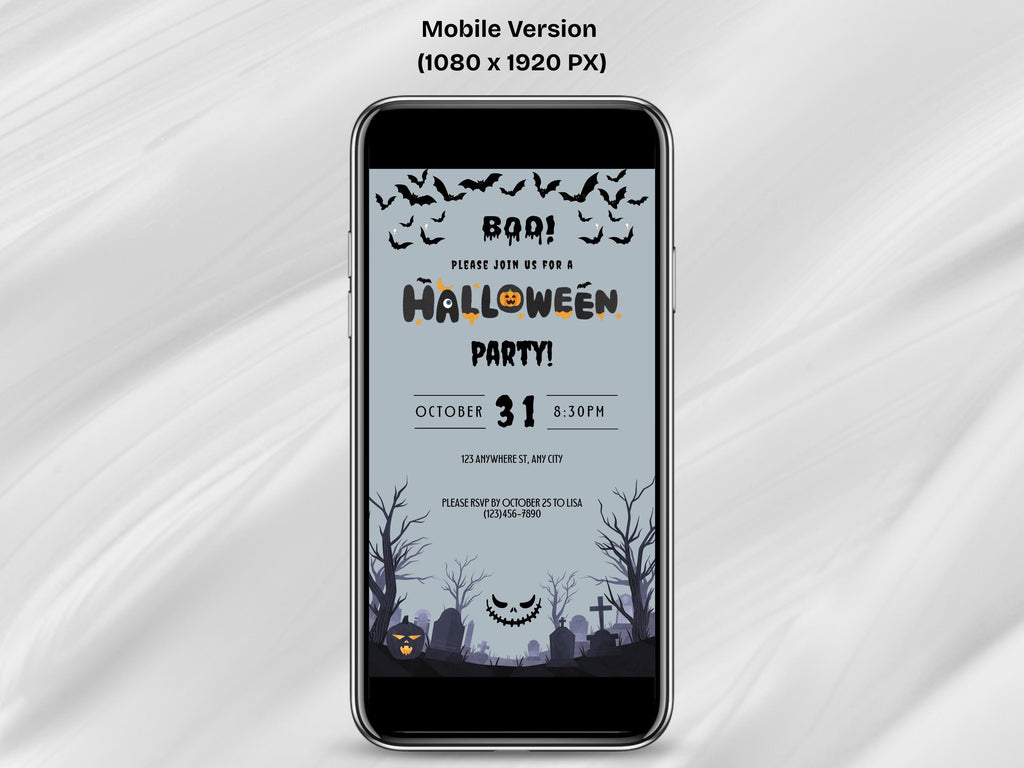 Phone displaying a Halloween party invitation with bats and tombstones on a white fabric background