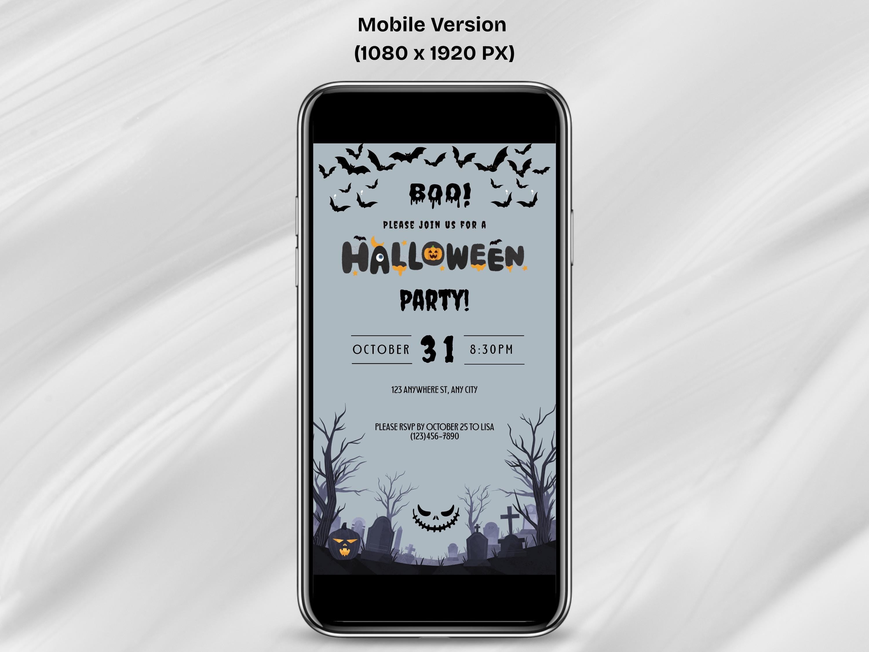 Phone displaying a Halloween party invitation with bats and tombstones on a white fabric background