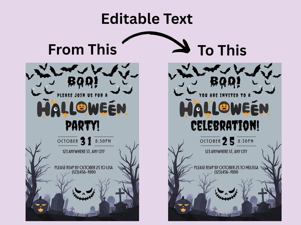 Halloween party invitation with editable text feature on a light purple background