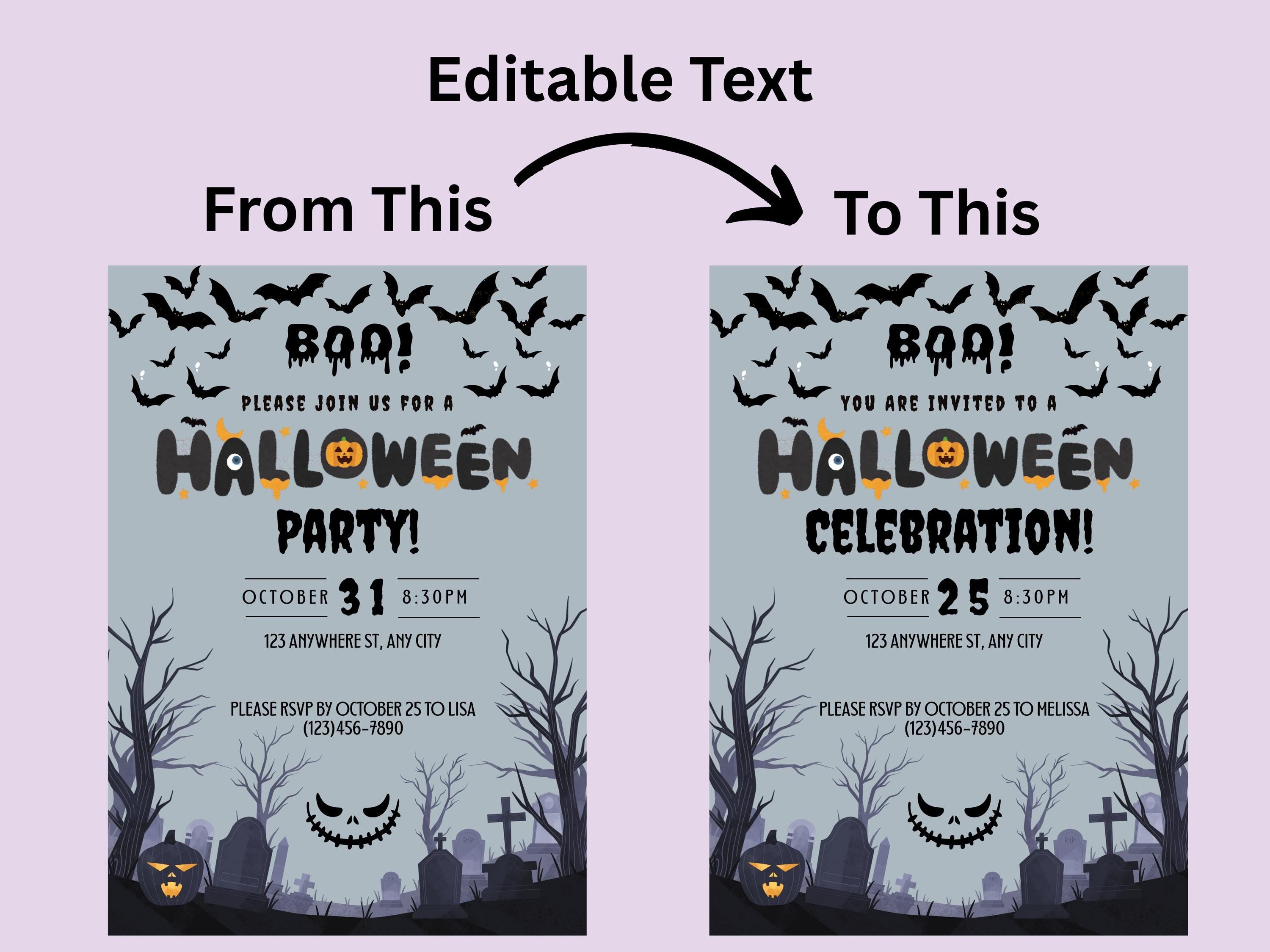 Halloween party invitation with editable text feature on a light purple background