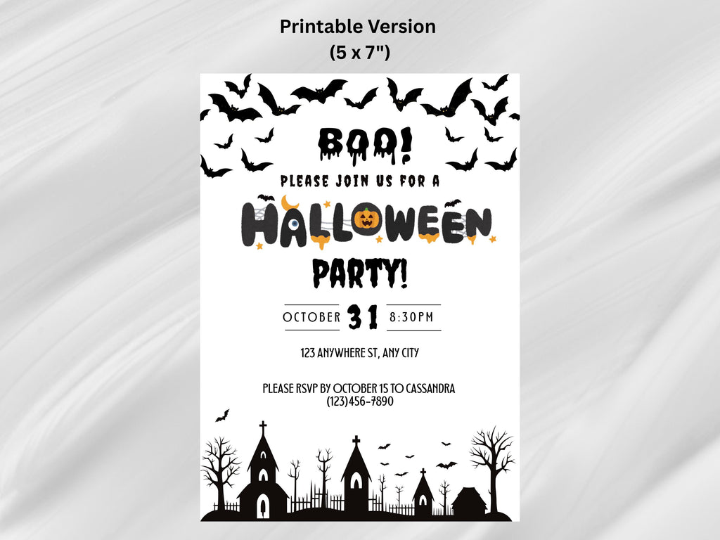 Halloween party invitation with black bats, pumpkins, and a church on a white background.