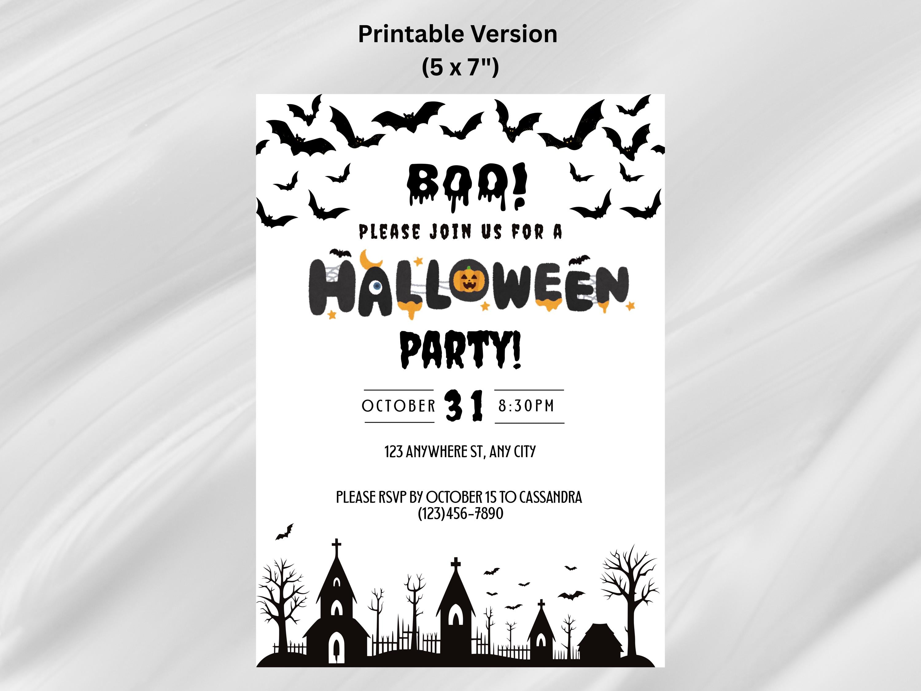 Halloween party invitation with black bats, pumpkins, and a church on a white background.
