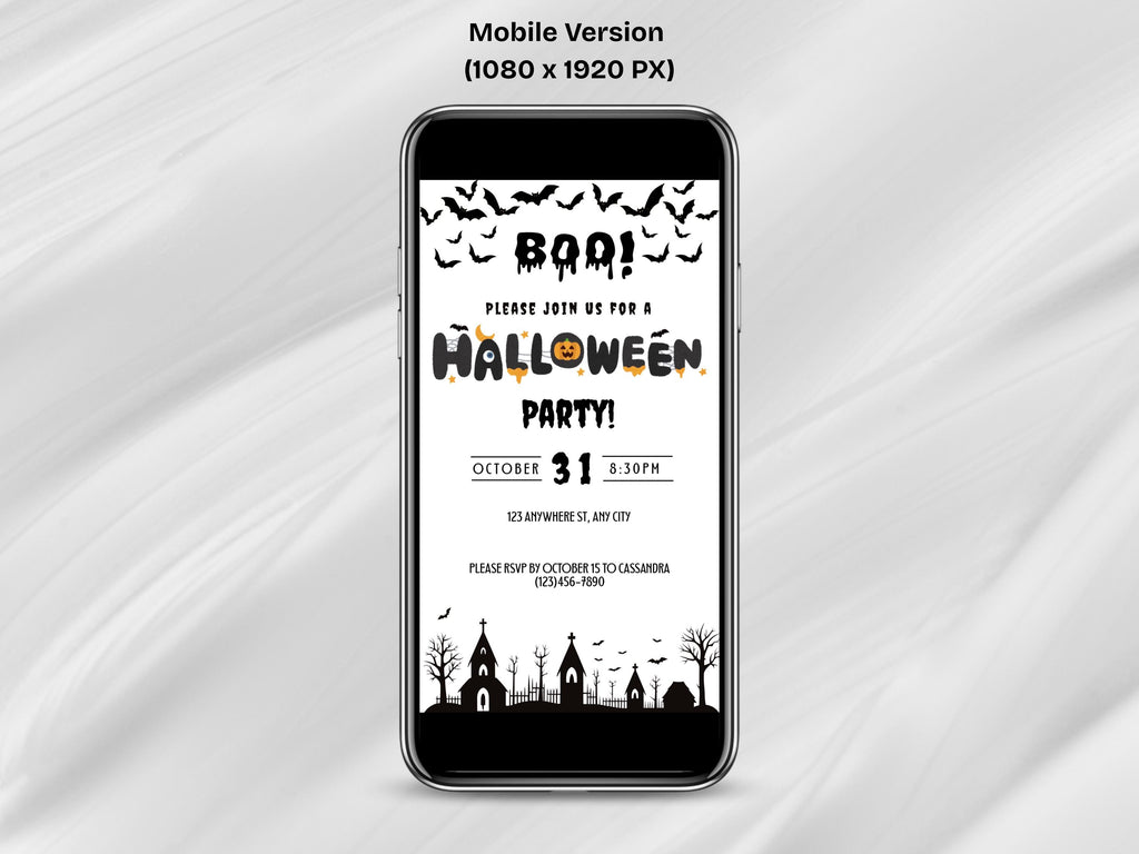 Halloween party invitation on a smartphone screen with a white background