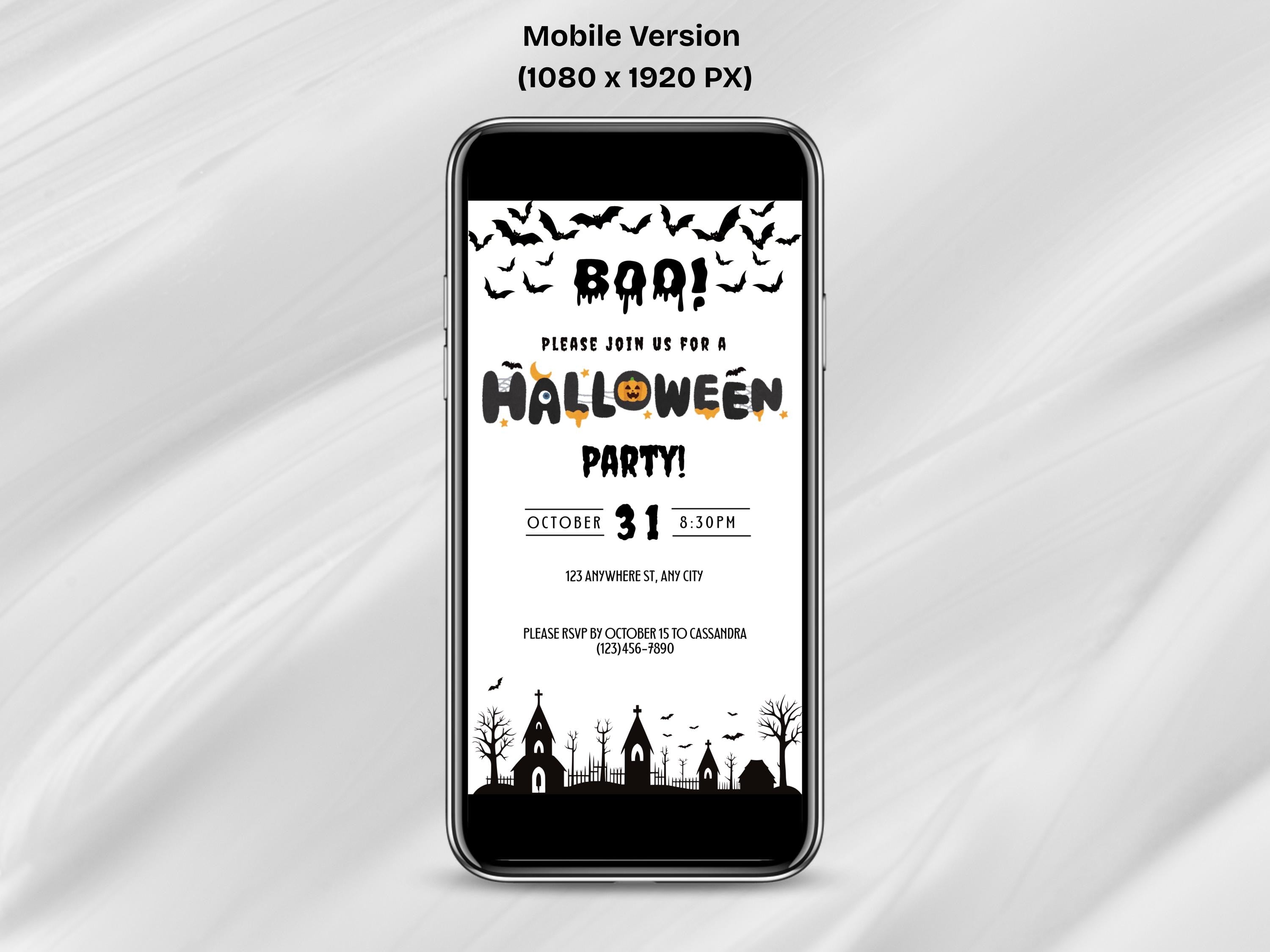 Halloween party invitation on a smartphone screen with a white background
