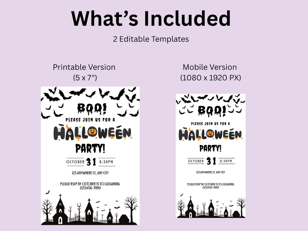 Halloween party invitation templates with text and graphics on a purple background