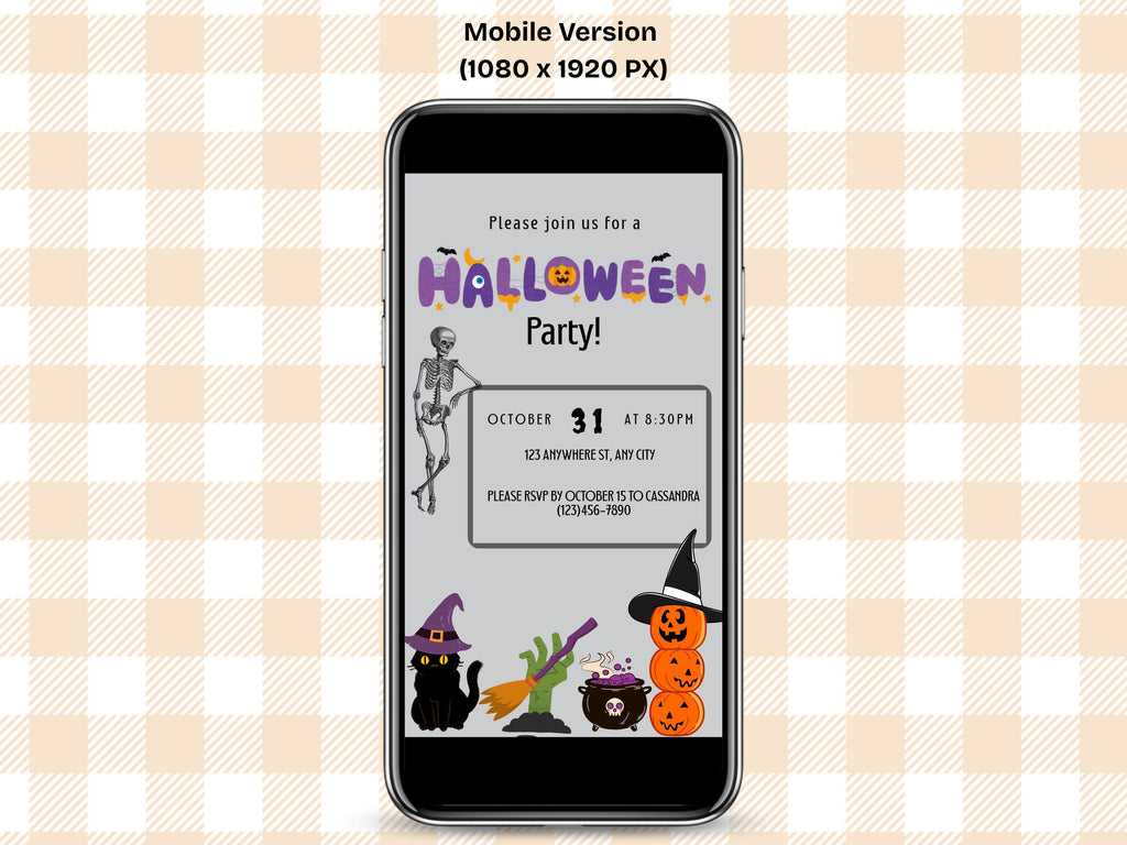 Phone displaying a Halloween party invitation on a checkered background