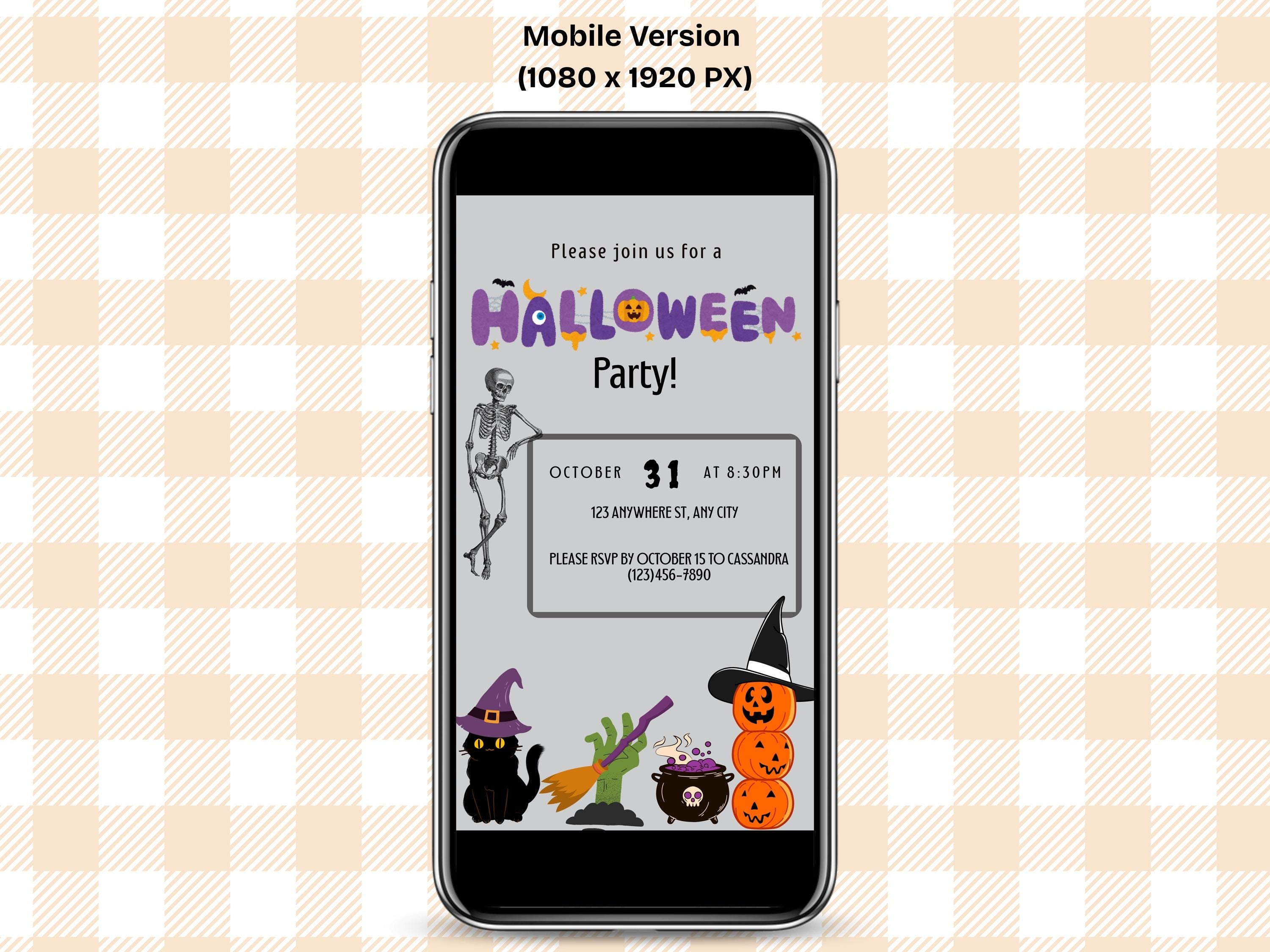 Phone displaying a Halloween party invitation on a checkered background