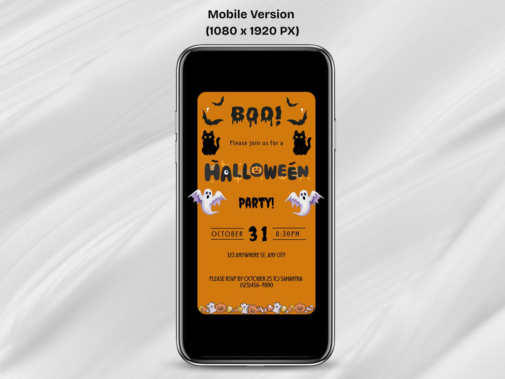 Halloween party invitation on a smartphone screen with text and graphics.