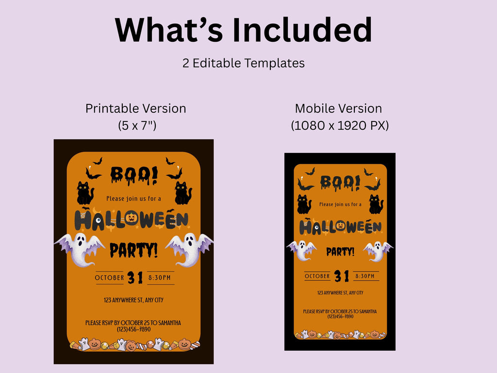 Halloween party invitation with editable templates for printable and mobile versions on a light purple background.
