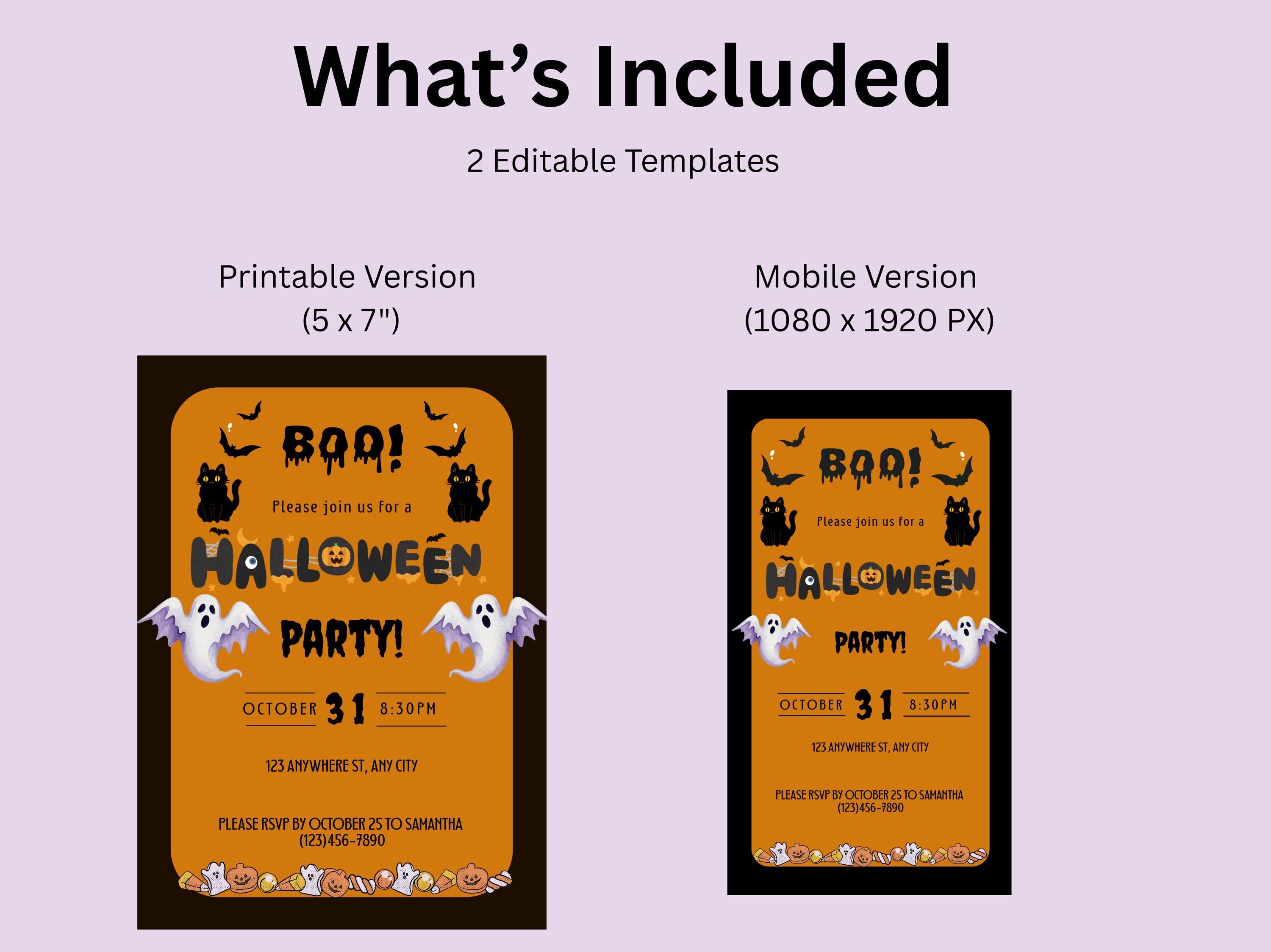 Halloween party invitation with editable templates for printable and mobile versions on a light purple background.