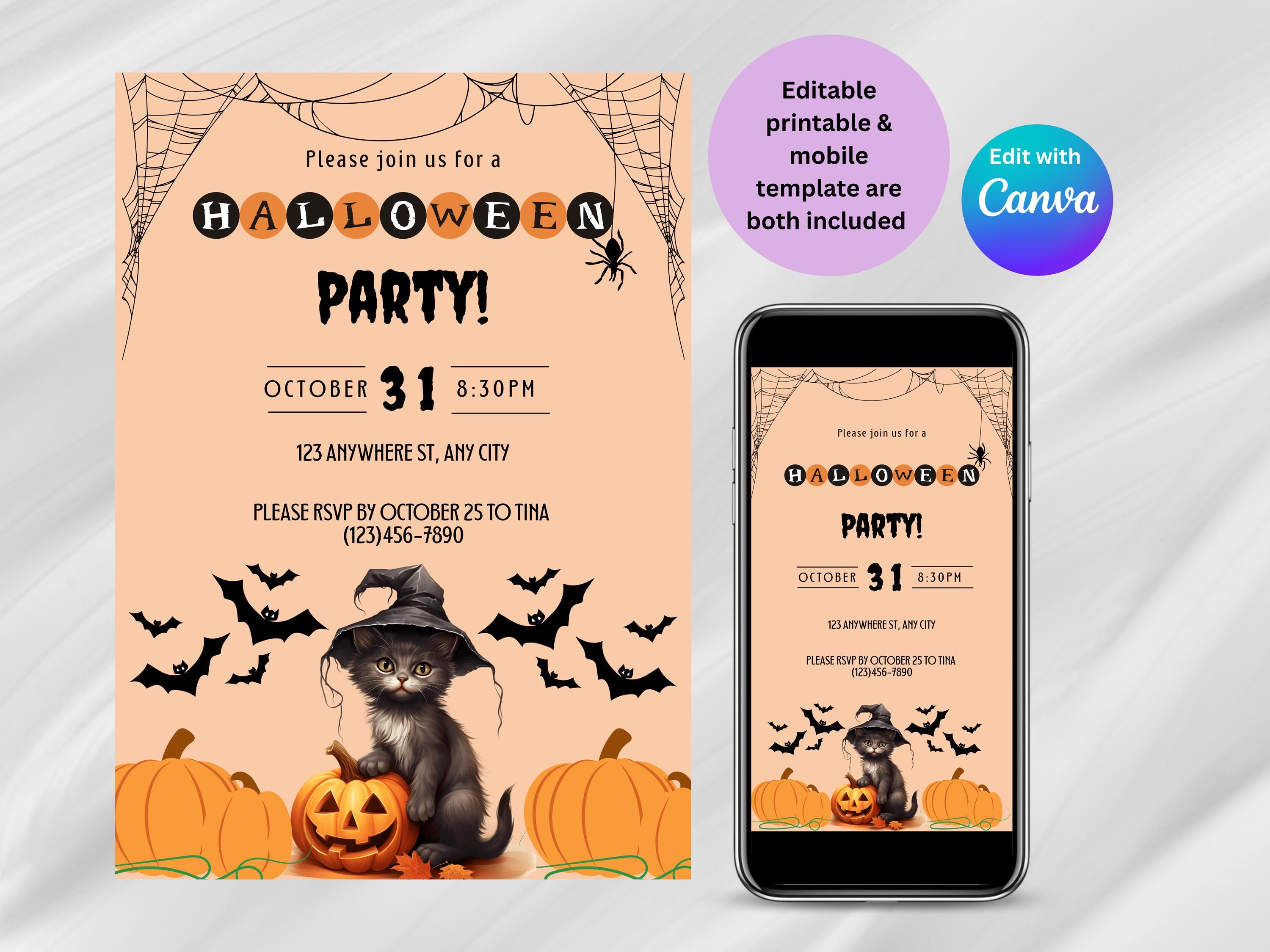 Halloween party invitation with a cat, pumpkins, and bats on a smartphone screen showing the same design.