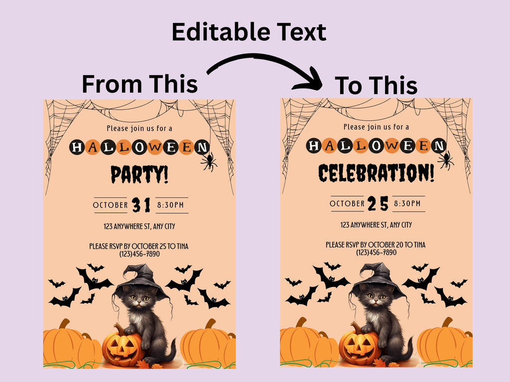 Halloween party invitation with editable text feature on a purple background