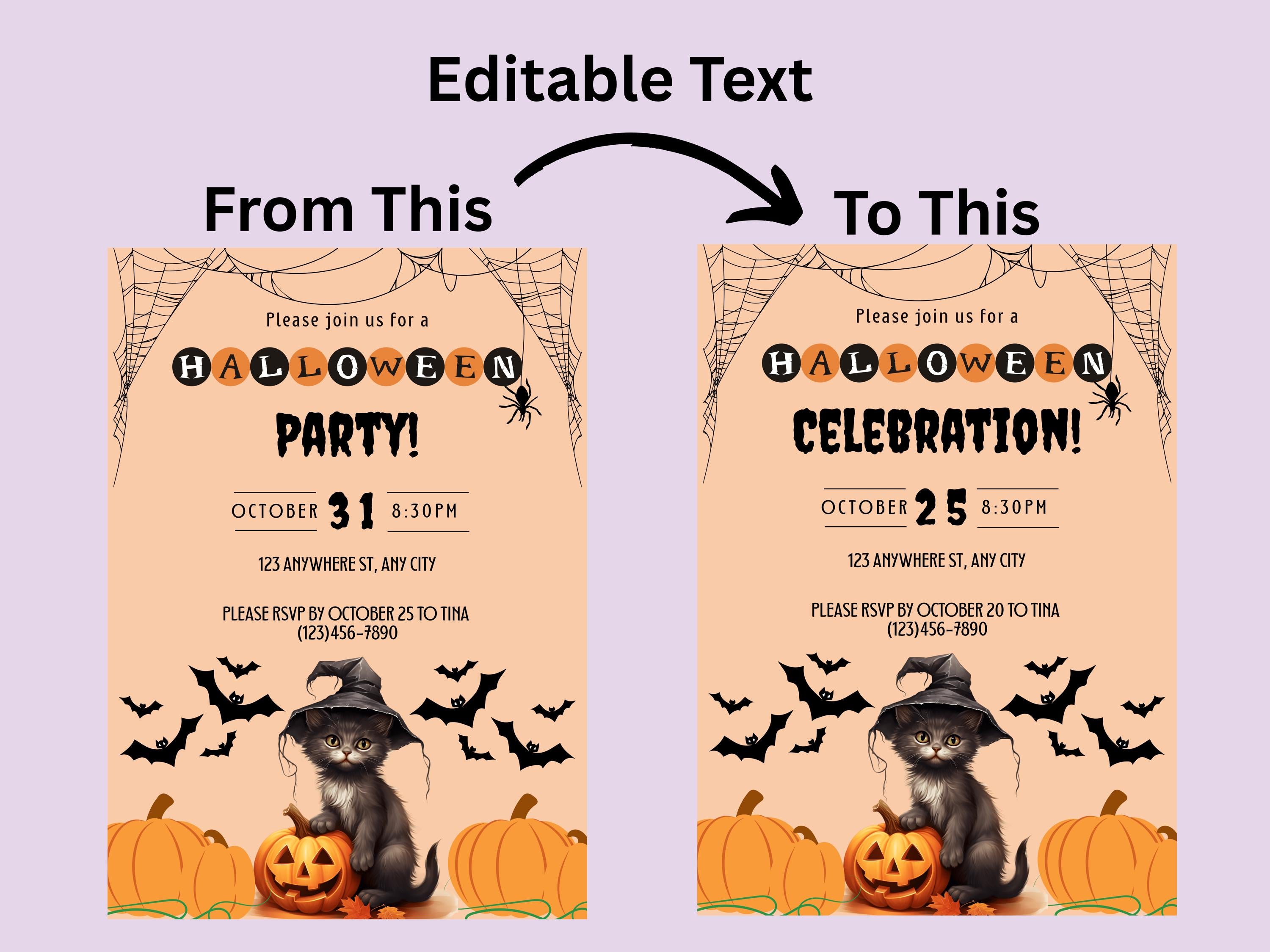 Halloween party invitation with editable text feature on a purple background